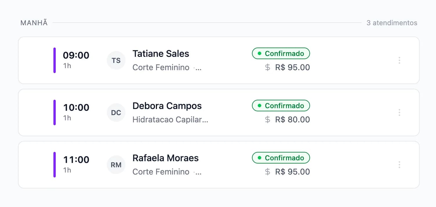 Atendimentos confirmados na agenda do Schedula