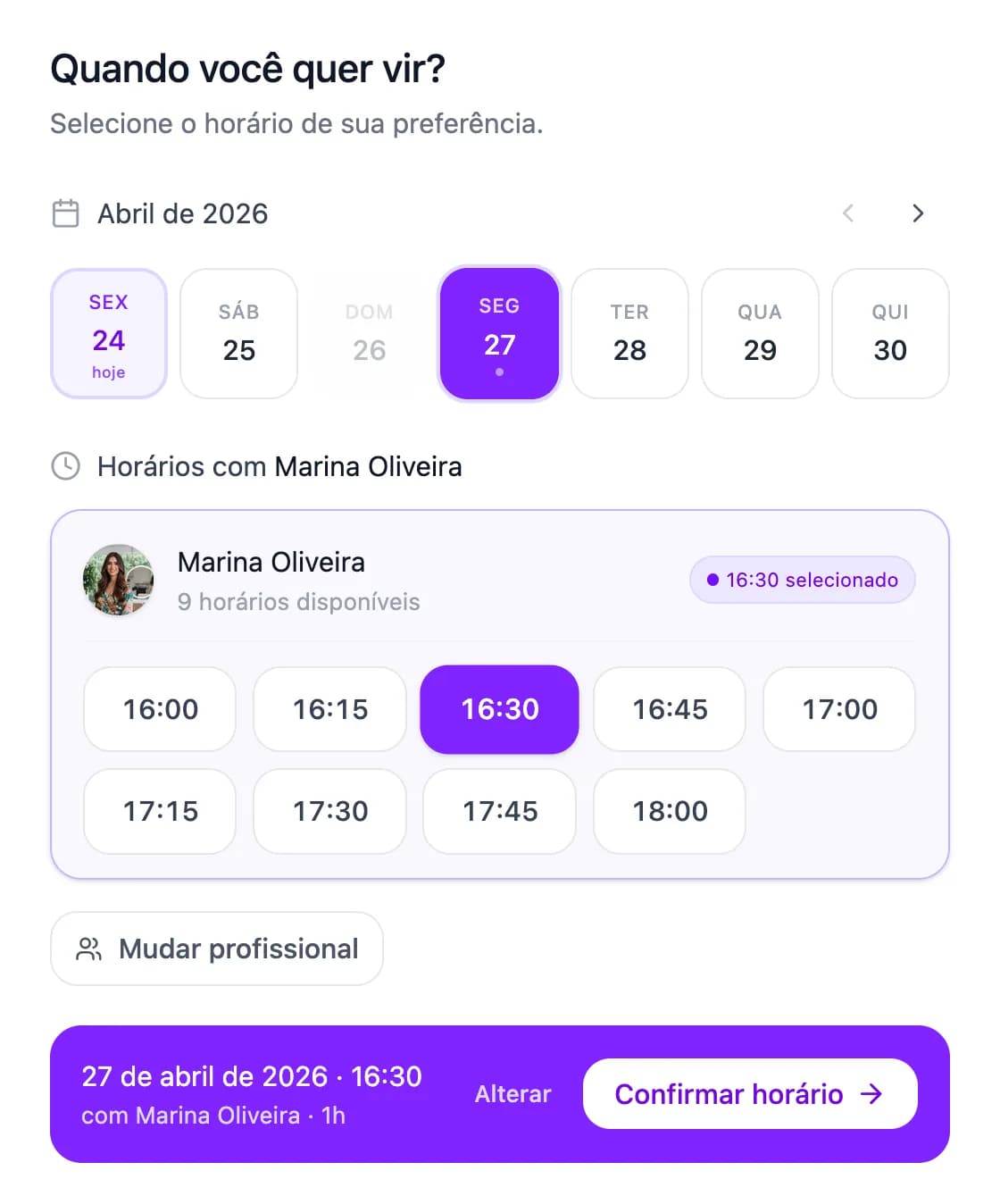 Cliente escolhendo uma data e um horário disponível no Schedula