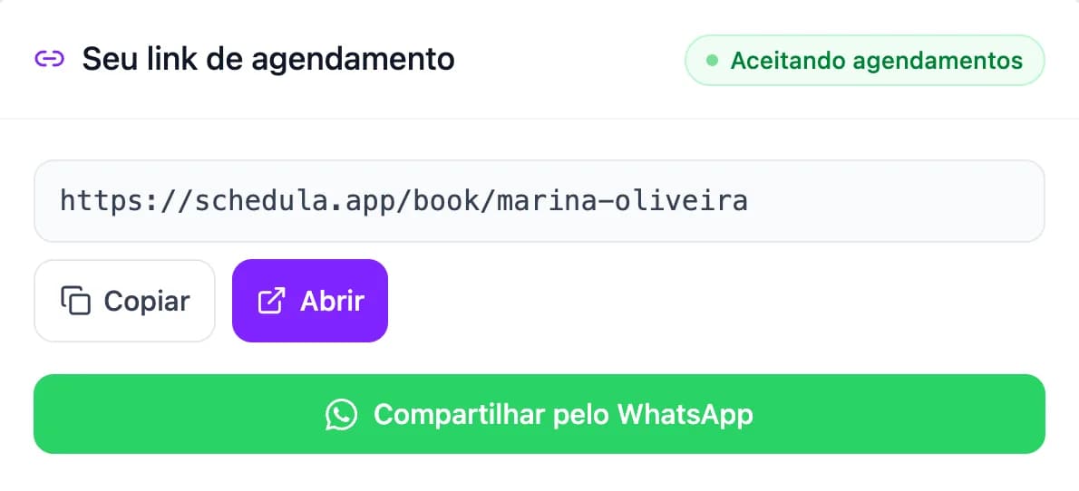 Link público de agendamento configurado no Schedula