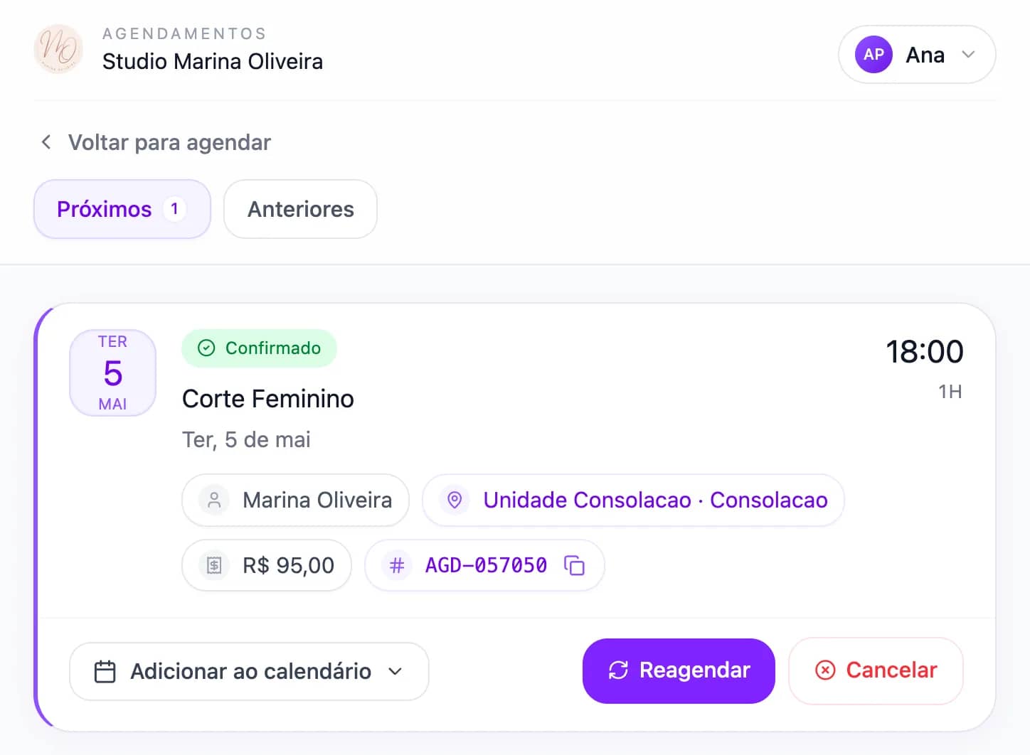 Card de agendamento confirmado com botões para reagendar e cancelar