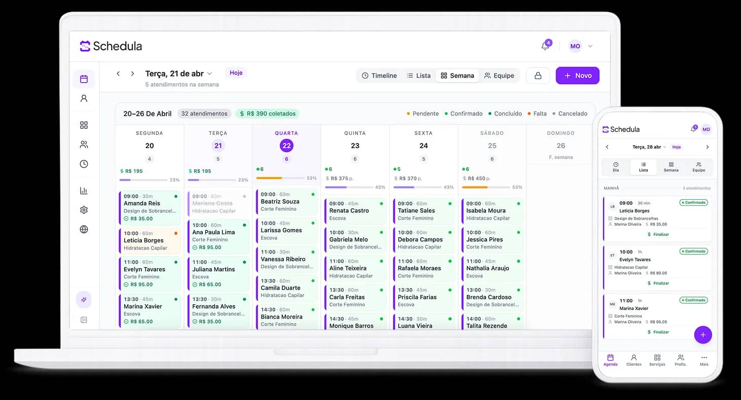 Interface do Schedula — agenda semanal no desktop e lista de atendimentos no mobile